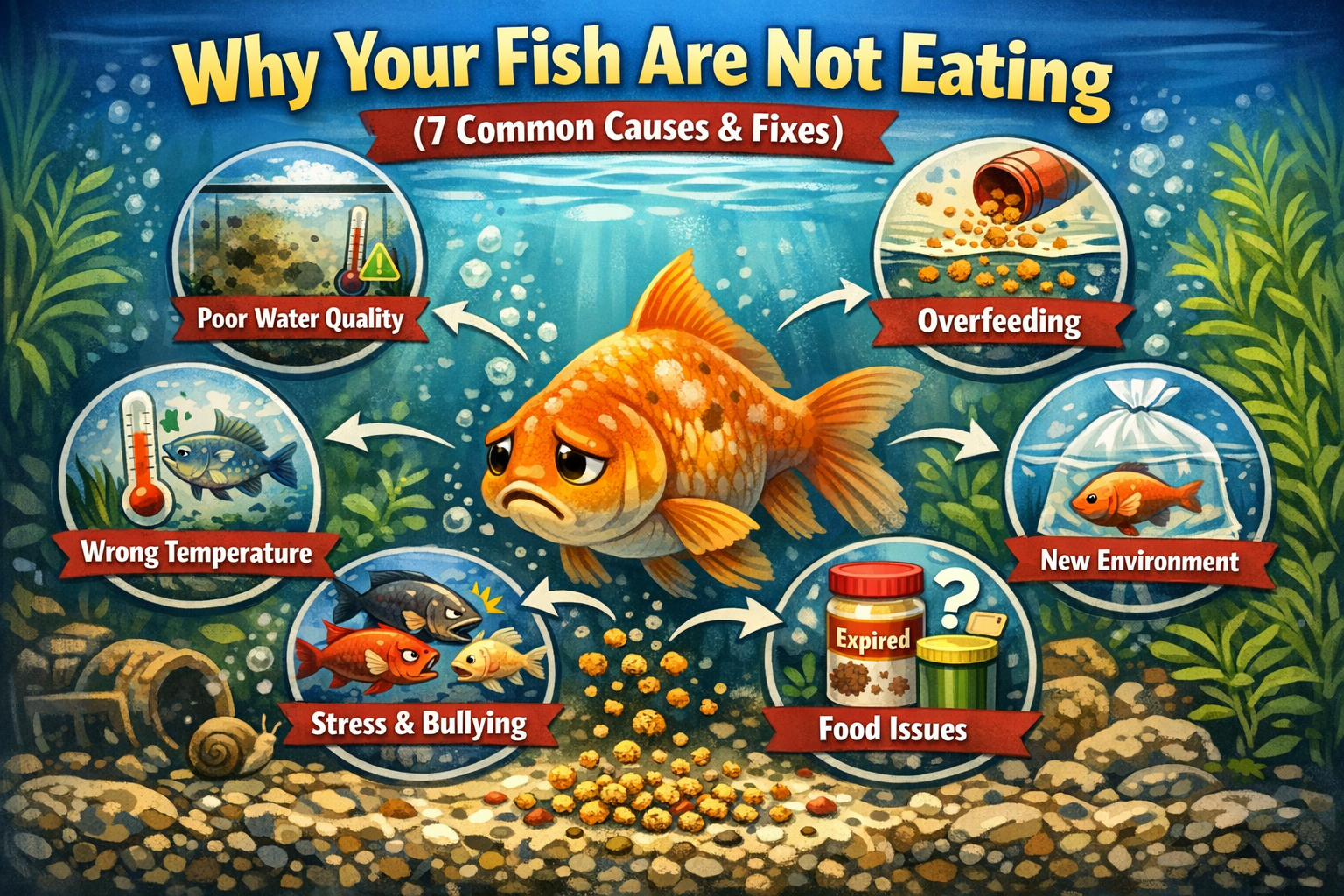 Fish not eating in aquarium with pellets on substrate and infographic showing 7 common causes and fixes including water quality, overfeeding, stress, and disease