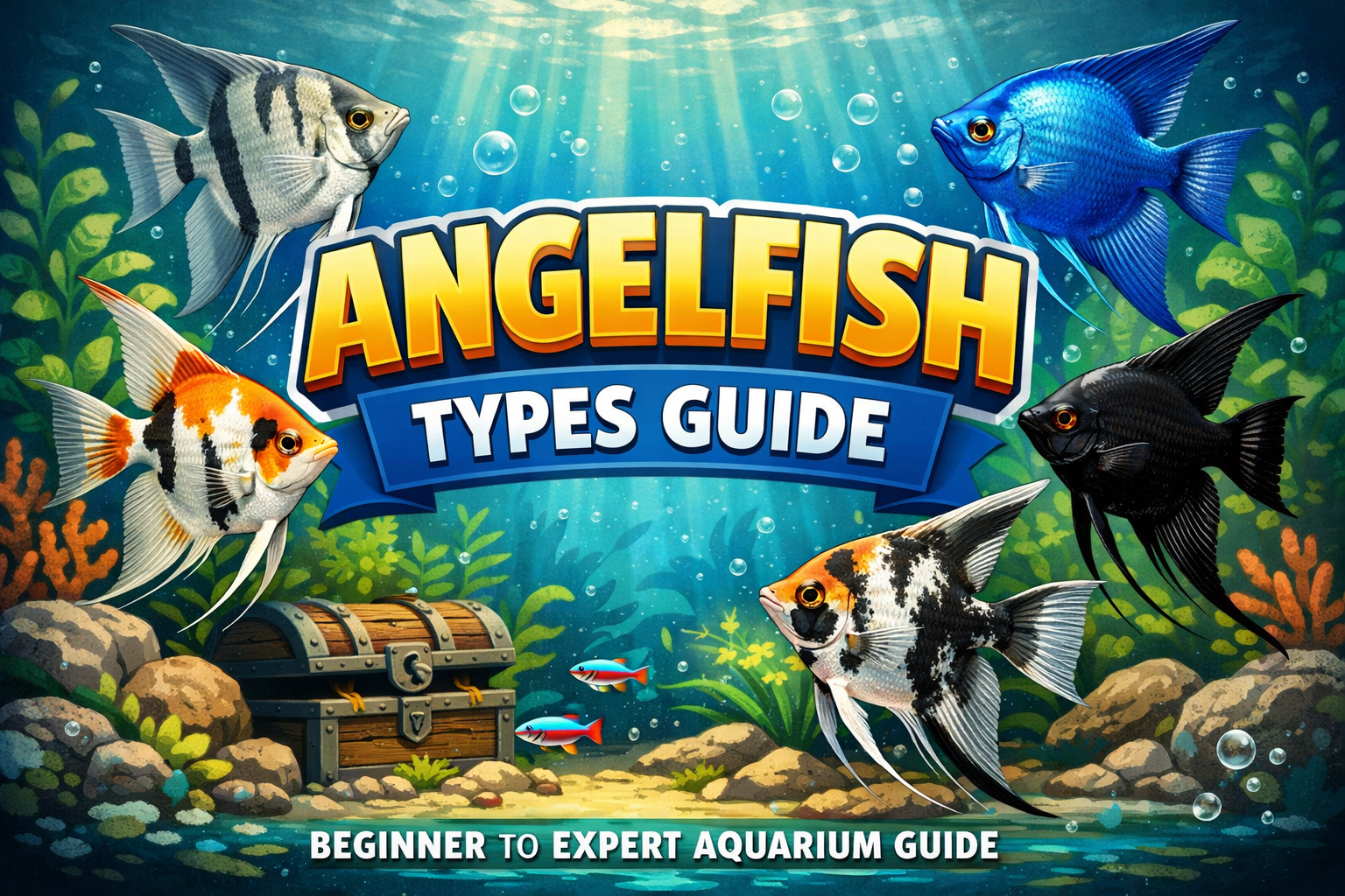 Types of angelfish swimming in a planted freshwater aquarium with vibrant colors, flowing fins, and unique patterns for tropical fish tanks