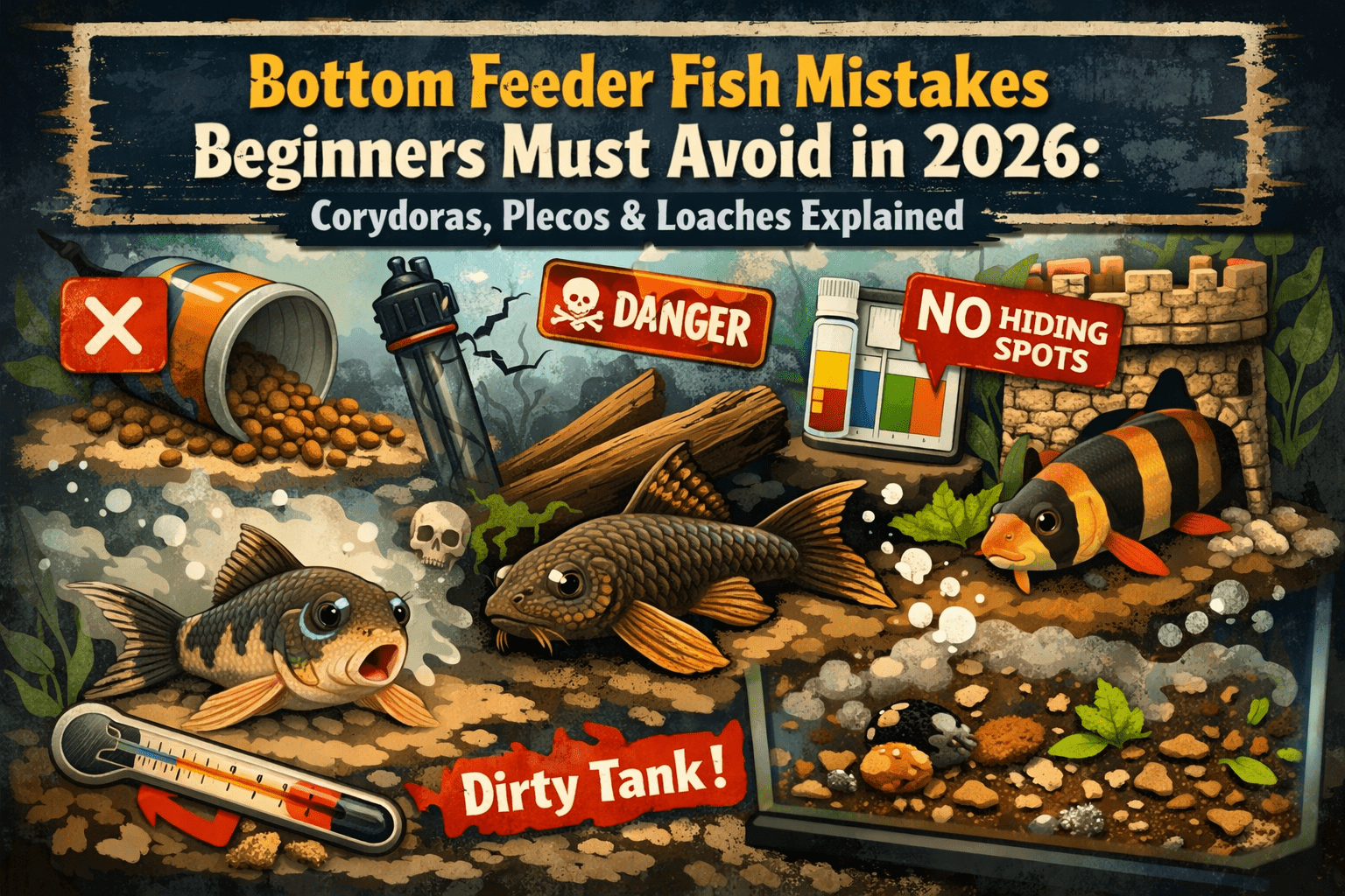 Bottom Feeder Fish Mistakes Beginners Must Avoid in 2026 — Corydoras, Plecos & Loaches Explained. Aquarium scene showing bottom-feeder fish with warning signs for common care errors like overfeeding, poor water quality, and lack of hiding spots.
