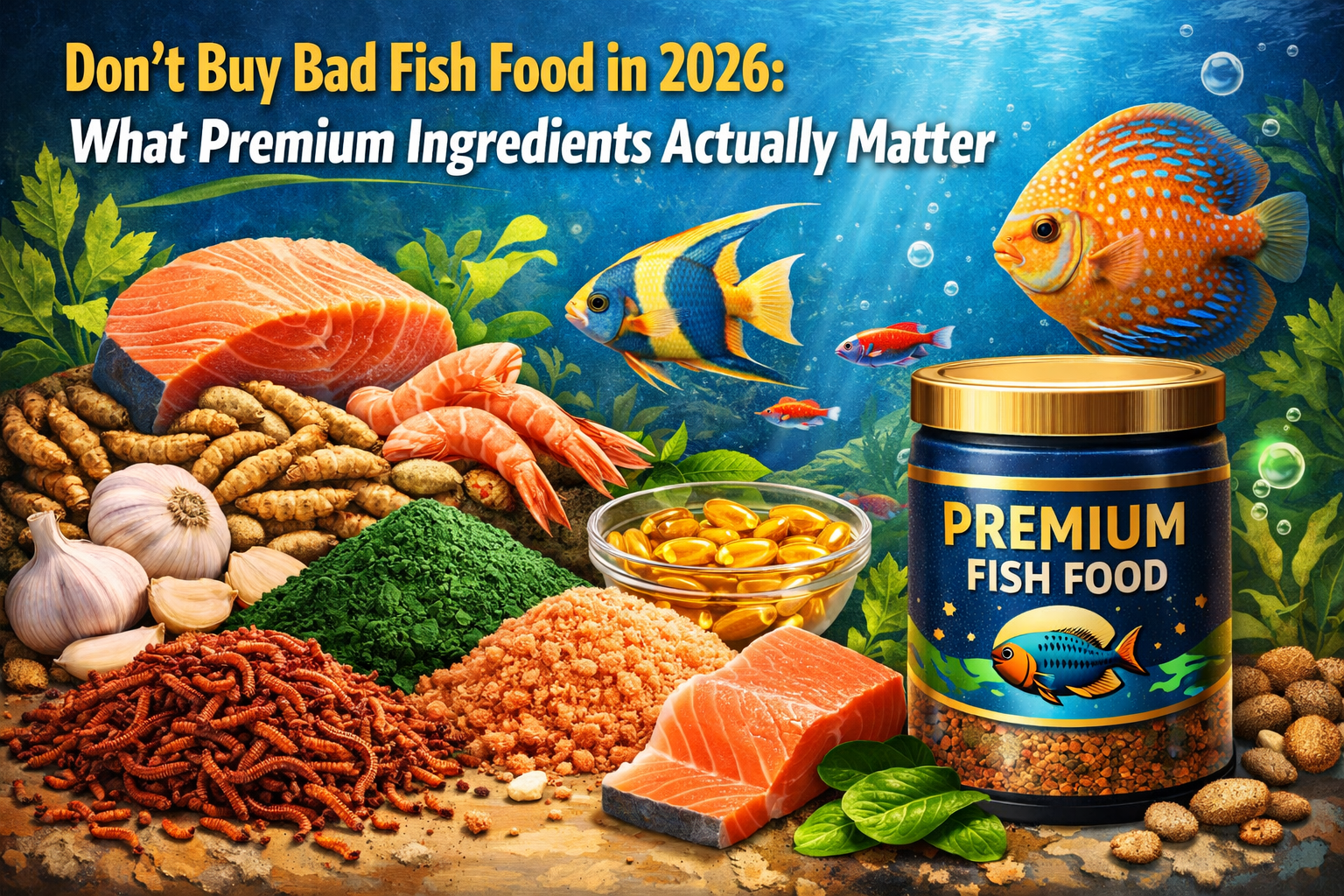 Aquarium fish being fed premium fish food ingredients in a clean tank showing natural nutrition and vibrant health in 2026