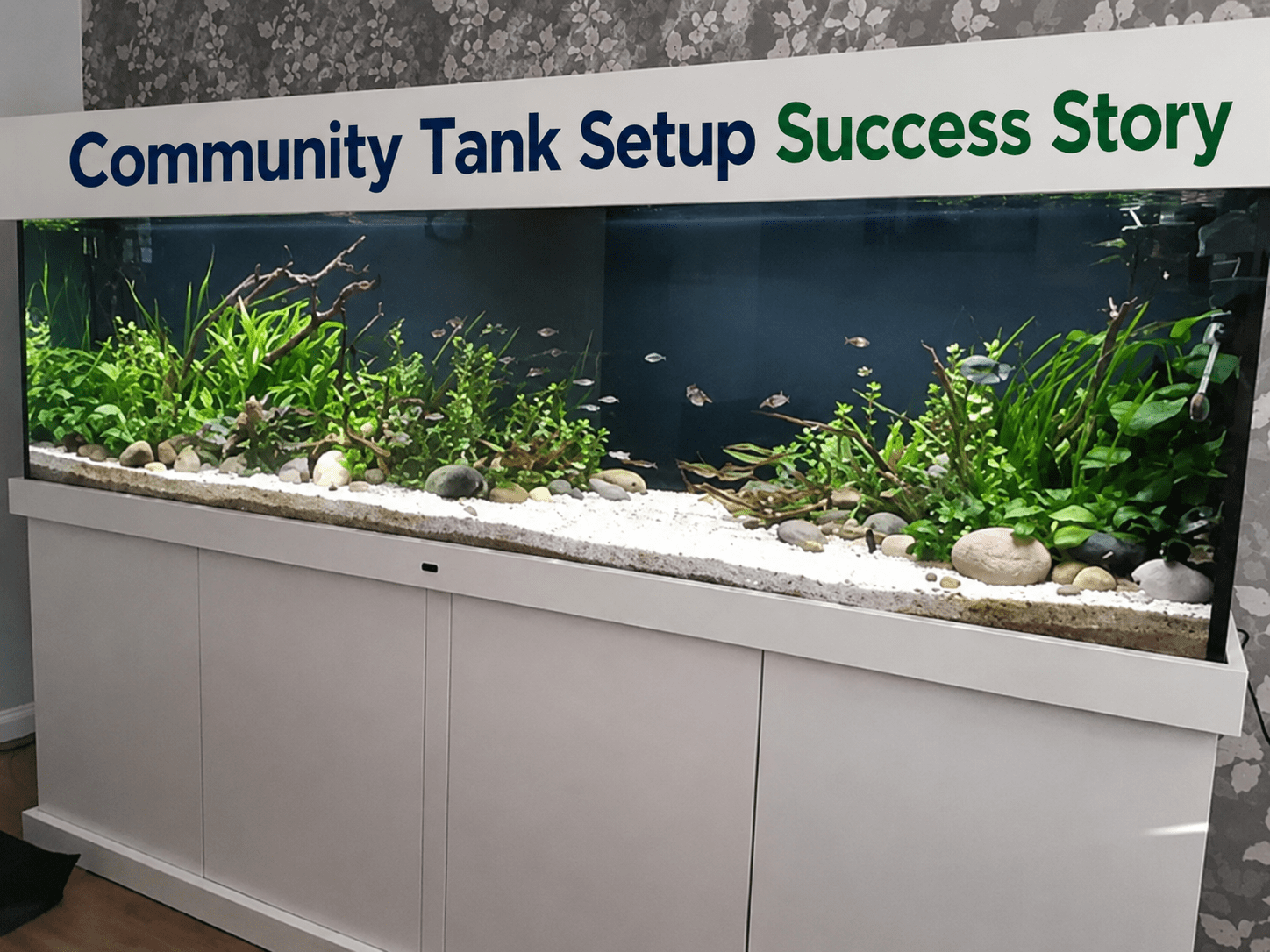 Large planted community aquarium in a white cabinet stand, featuring lush green aquatic plants, driftwood, rocks, and small schooling fish. A bold headline above the tank reads, “Community Tank Setup Success Story.