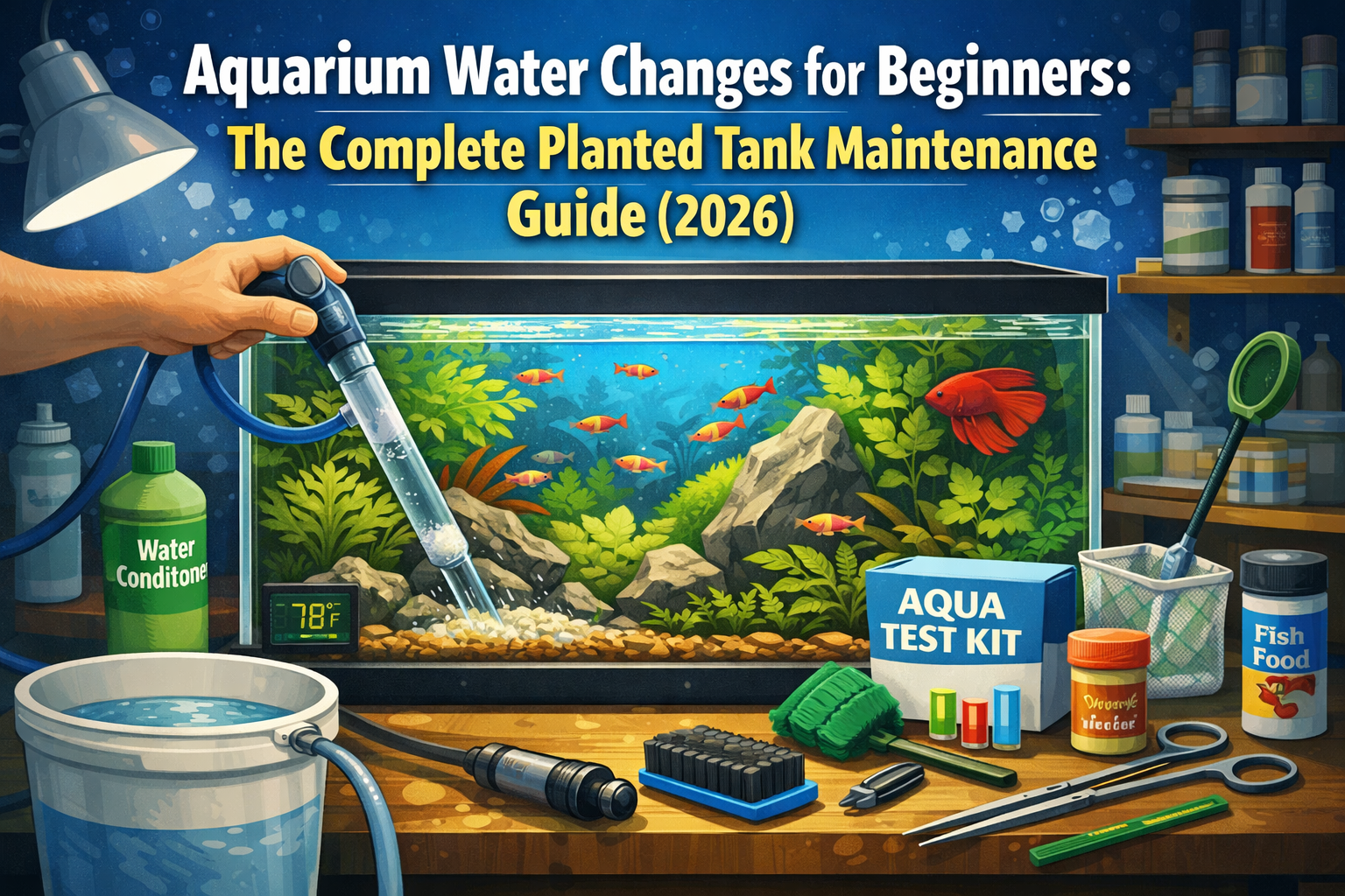 A person performing a water change on a lush planted aquarium using a siphon hose, surrounded by fish, plants, and maintenance tools, with the blog title “Aquarium Water Changes for Beginners: The Complete Planted Tank Maintenance Guide (2026)” displayed above.